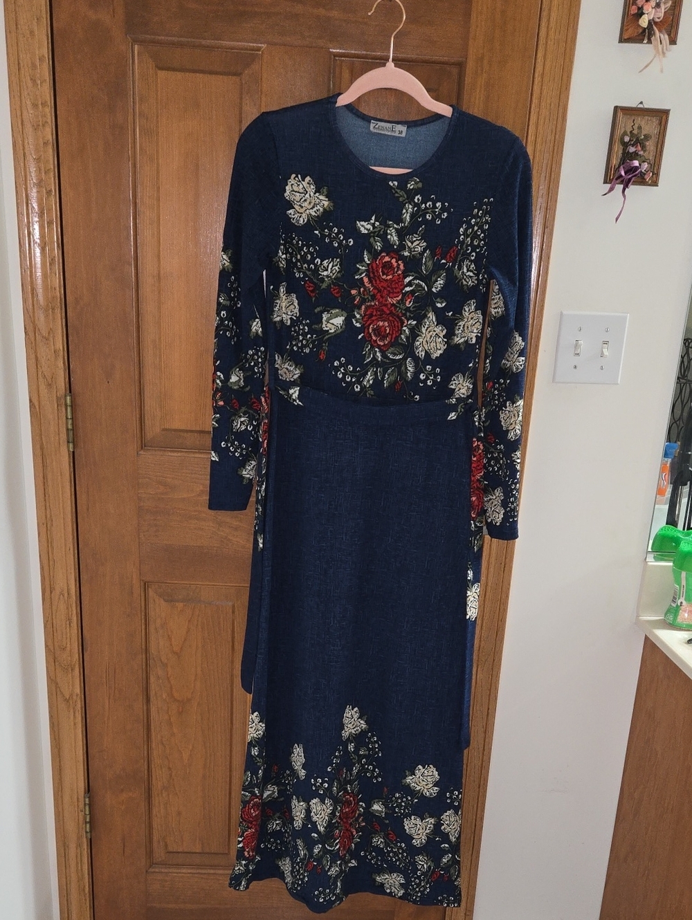 ZENANE Turkey Floral Maxi Dress Blue Rose Print Long Sleeve Size 38 / US 6